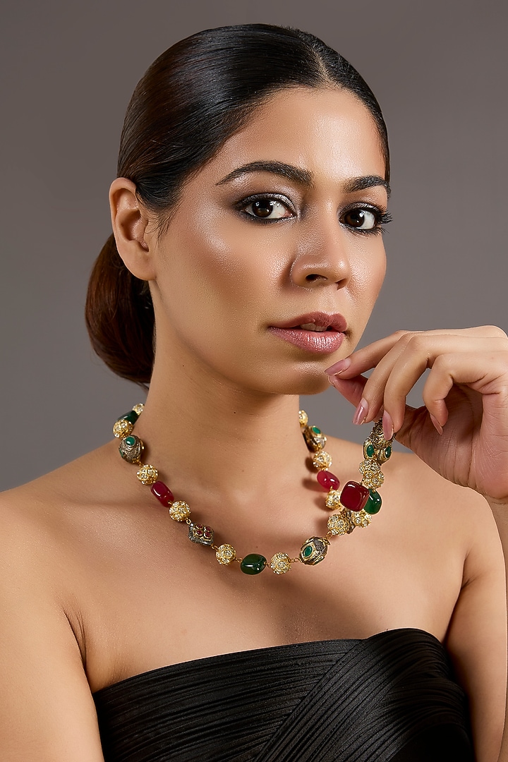 Gold Plated Beaded & Multi-Colored Stone Long Necklace by Just Shraddha at Pernia's Pop Up Shop