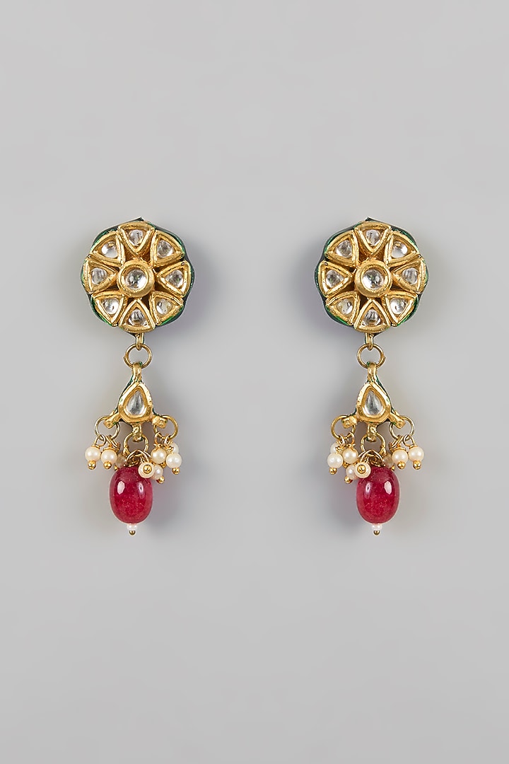 Gold Plated Kundan Polki & Ruby Stone Dangler Earrings by Just Shraddha at Pernia's Pop Up Shop