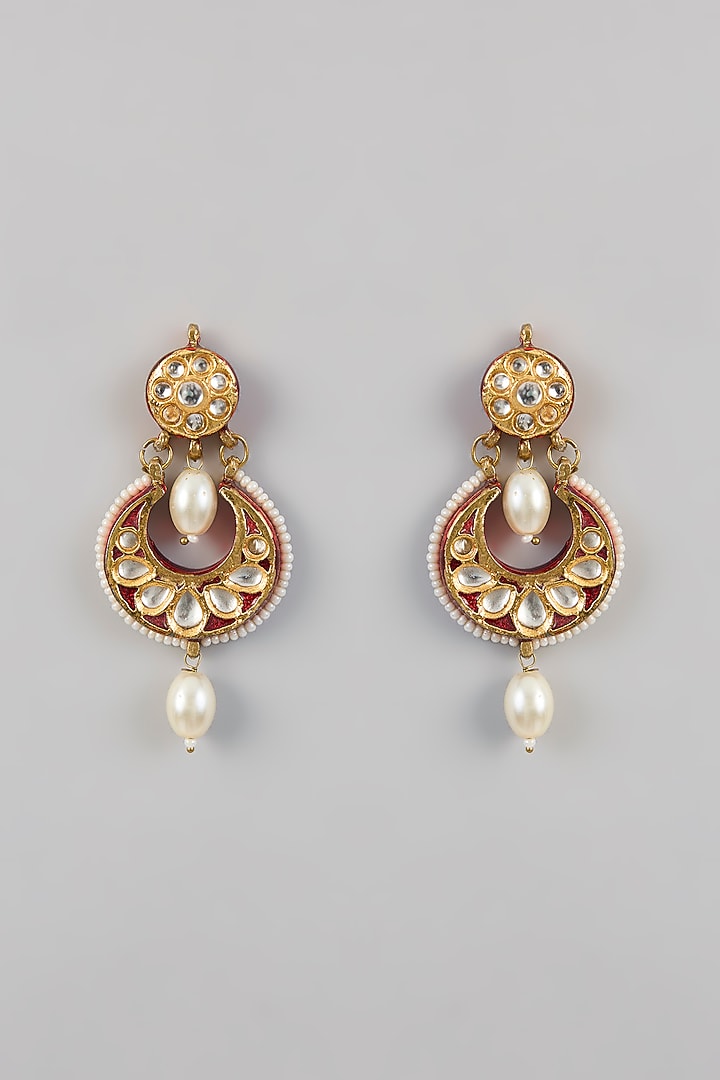 Gold Plated Kundan Polki Enameled Chandbali Earrings by Just Shraddha at Pernia's Pop Up Shop