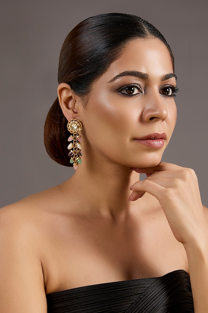 Gold Plated Multi-Colored Stone Dangler Earrings by Just Shraddha at Pernia's Pop Up Shop