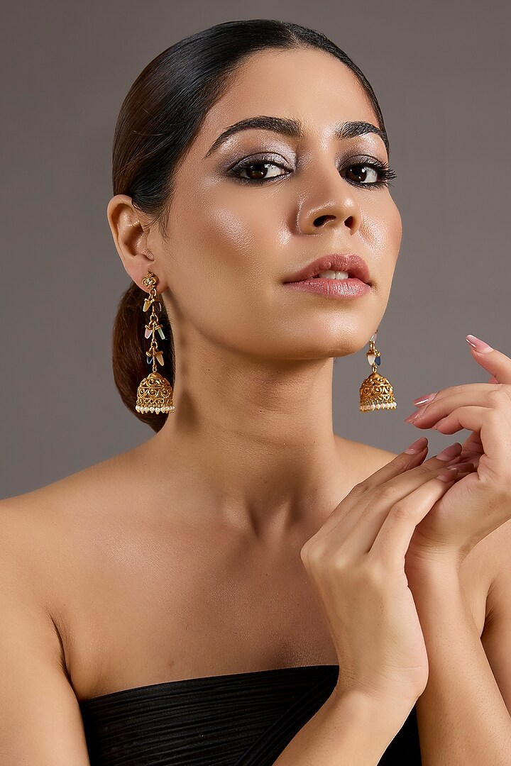 Gold Plated Multi-Colored Stone Jhumka Earrings by Just Shraddha at Pernia's Pop Up Shop