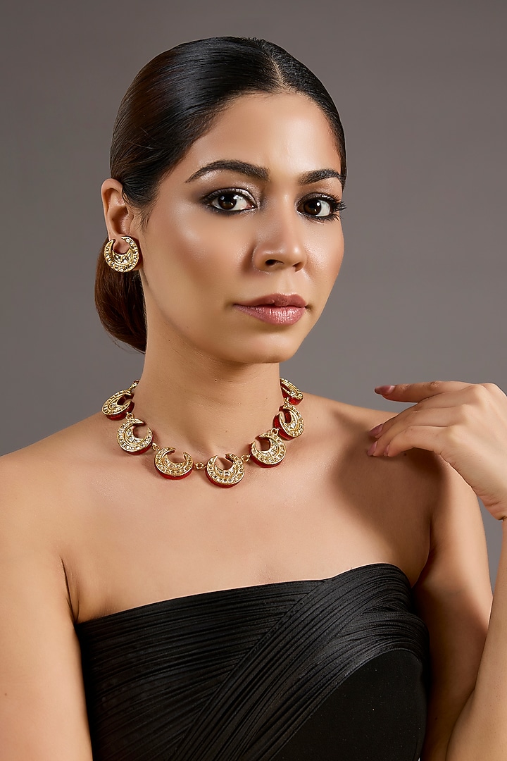 Gold Plated Kundan Polki & Red Stone Choker Necklace Set by Just Shraddha at Pernia's Pop Up Shop