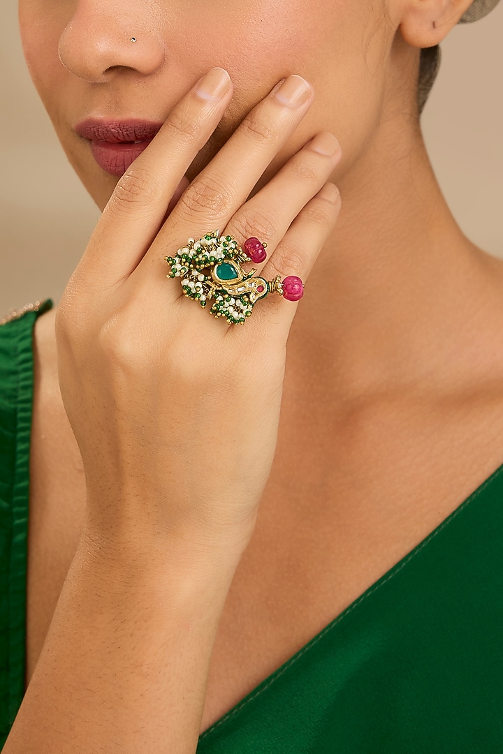Gold Finish Kundan Polki & Pearl Ring by Just Shraddha at Pernia's Pop Up Shop