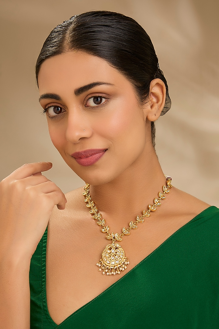 Gold Finish Kundan Polki & Pearl Pendant Necklace by Just Shraddha at Pernia's Pop Up Shop