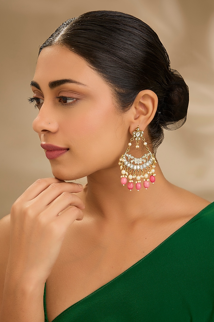 Gold Finish Kundan Polki & Pearl Hanging Dangler Earrings by Just Shraddha at Pernia's Pop Up Shop