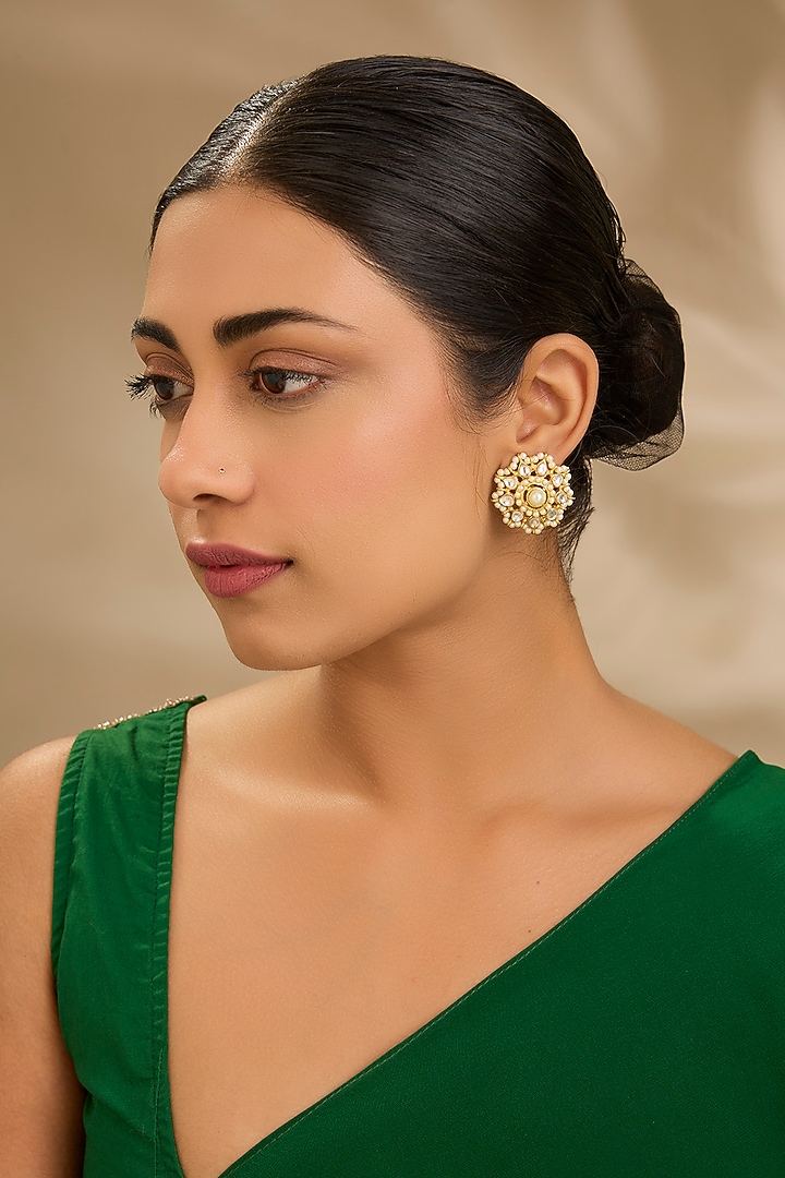 Gold Finish Pearl Floral Stud Earrings by Just Shraddha at Pernia's Pop Up Shop
