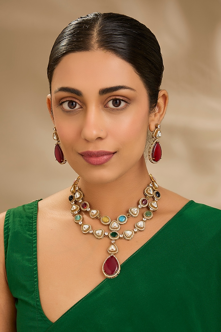 Gold Finish Kundan Polki & Navratna Stone Layered Necklace Set by Just Shraddha at Pernia's Pop Up Shop
