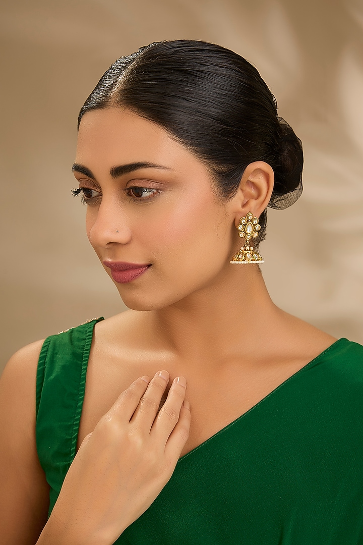 Gold Finish Kundan Polki Jhumka Earrings by Just Shraddha at Pernia's Pop Up Shop
