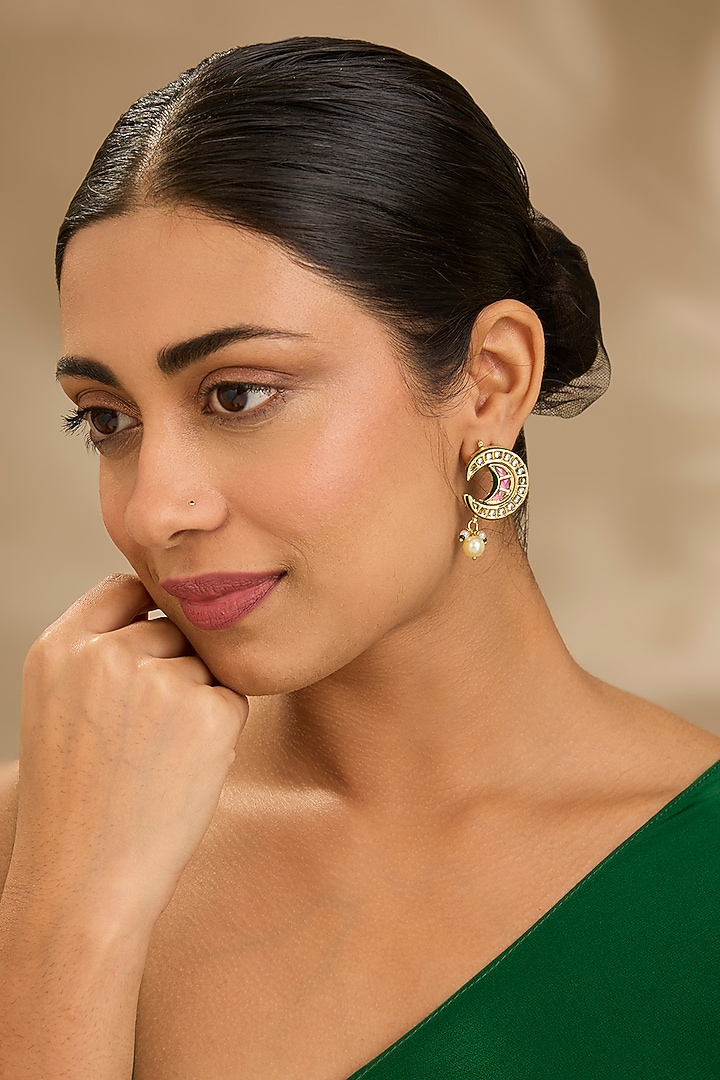 Gold Finish Kundan Polki & Pearl Green Meenakari Stud Earrings by Just Shraddha at Pernia's Pop Up Shop