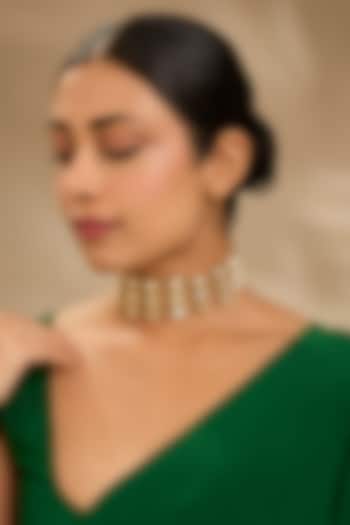 Gold Finish Kundan Polki & Pearl Green Meenakari Choker Necklace by Just Shraddha at Pernia's Pop Up Shop