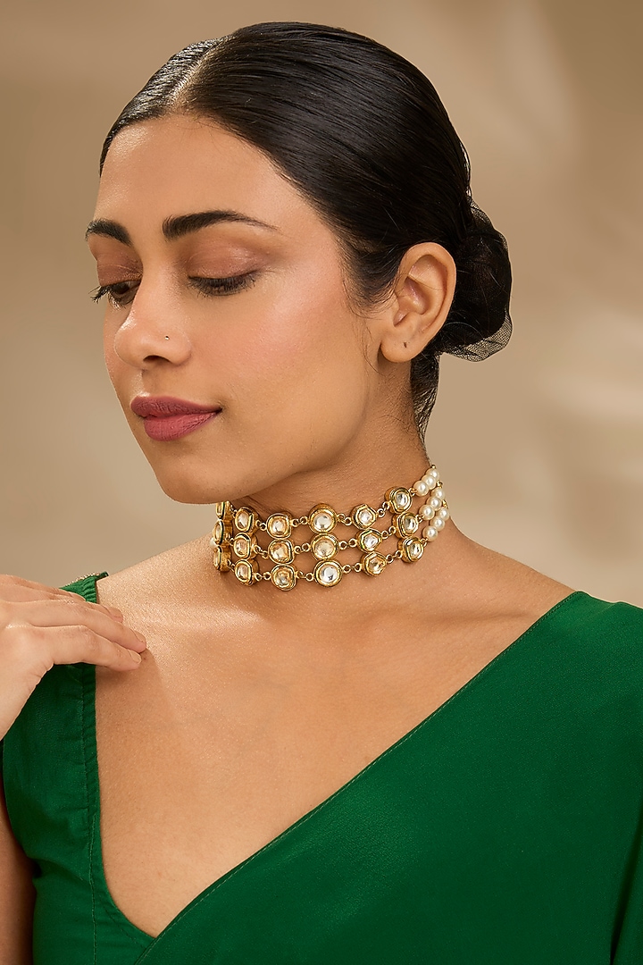 Gold Finish Kundan Polki & Pearl Green Meenakari Choker Necklace by Just Shraddha at Pernia's Pop Up Shop