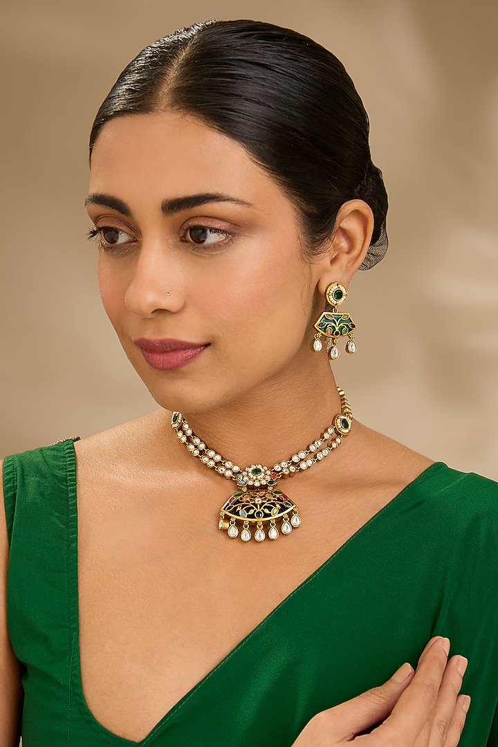 Gold Finish Kundan Polki & Multi-Colored Stone Necklace Set by Just Shraddha at Pernia's Pop Up Shop