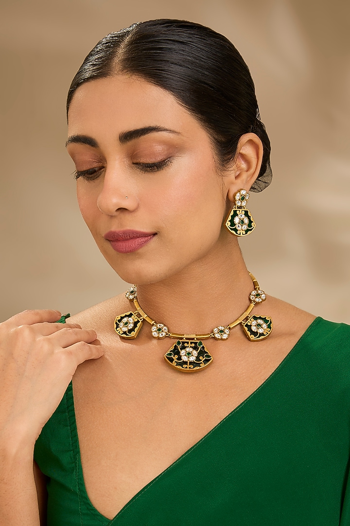 Gold Finish Kundan Polki & Multi-Colored Stone Necklace Set by Just Shraddha at Pernia's Pop Up Shop