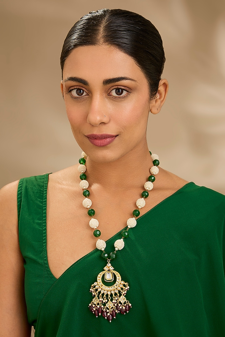 Gold Finish Beaded Pendant Necklace by Just Shraddha at Pernia's Pop Up Shop
