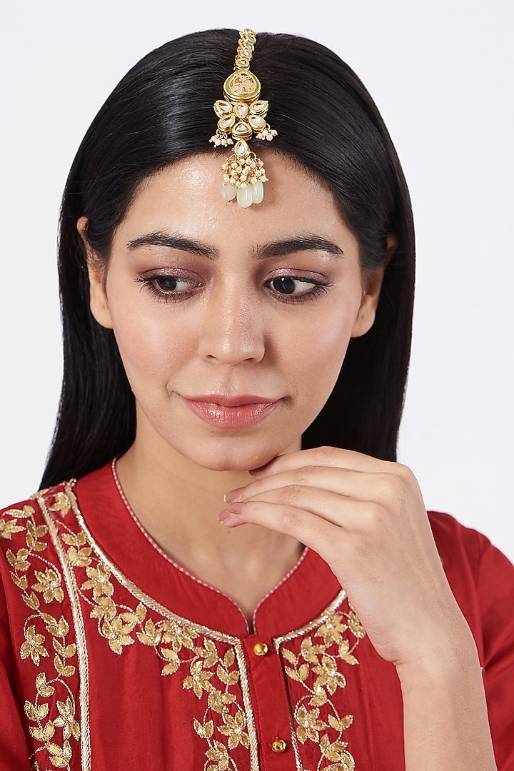 Gold Plated Kundan Polki Maang Tikka by Just Shraddha at Pernia's Pop Up Shop