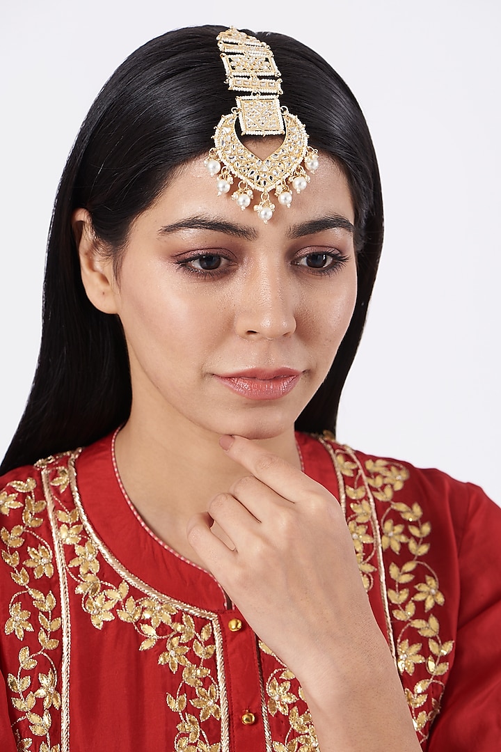 Gold Plated Maang Tikka With White Stones by Just Shraddha