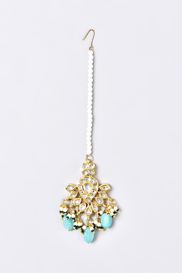 Gold Plated Maang Tikka With Turquoise Beads by Just Shraddha