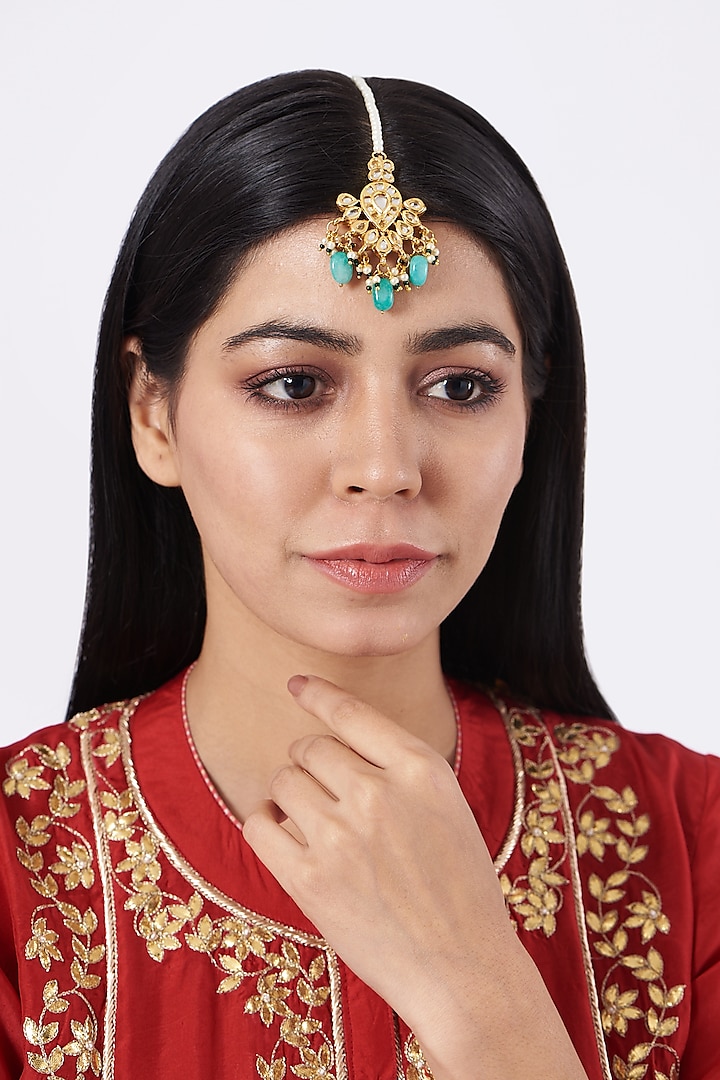 Gold Plated Maang Tikka With Turquoise Beads by Just Shraddha