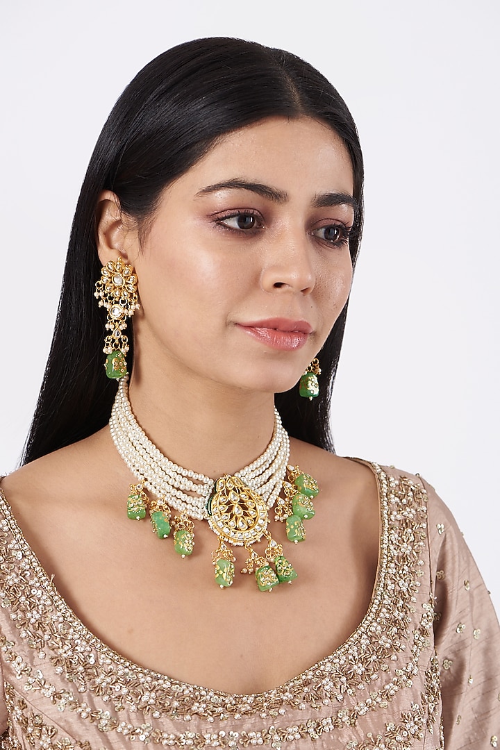 Gold Plated Beaded Layered Necklace Set by Just Shraddha at Pernia's Pop Up Shop