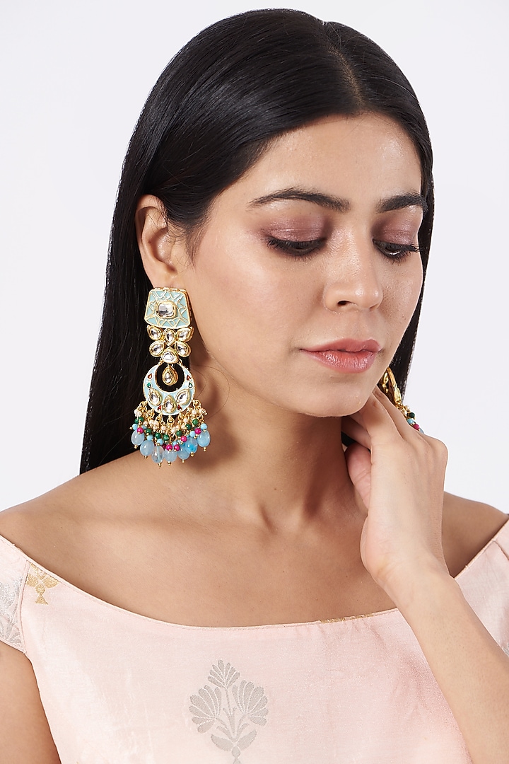 Gold Plated Meenakari Chandbali Earrings by Just Shraddha at Pernia's Pop Up Shop