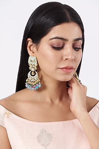 Gold Plated Meenakari Chandbali Earrings by Just Shraddha