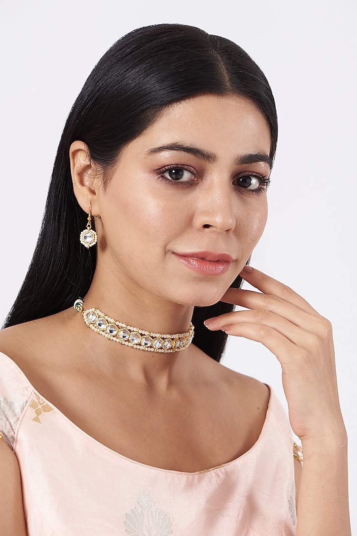 Gold Plated Kundan Polki Choker Necklace Set by Just Shraddha