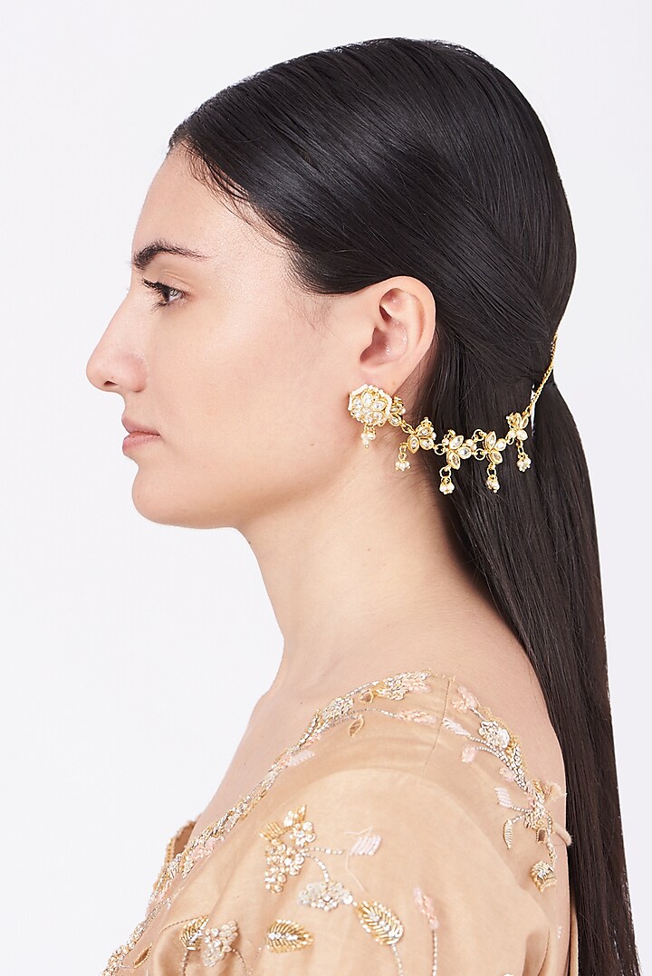 Gold Plated Kundan Polki Kanchain Earrings by Just Shraddha