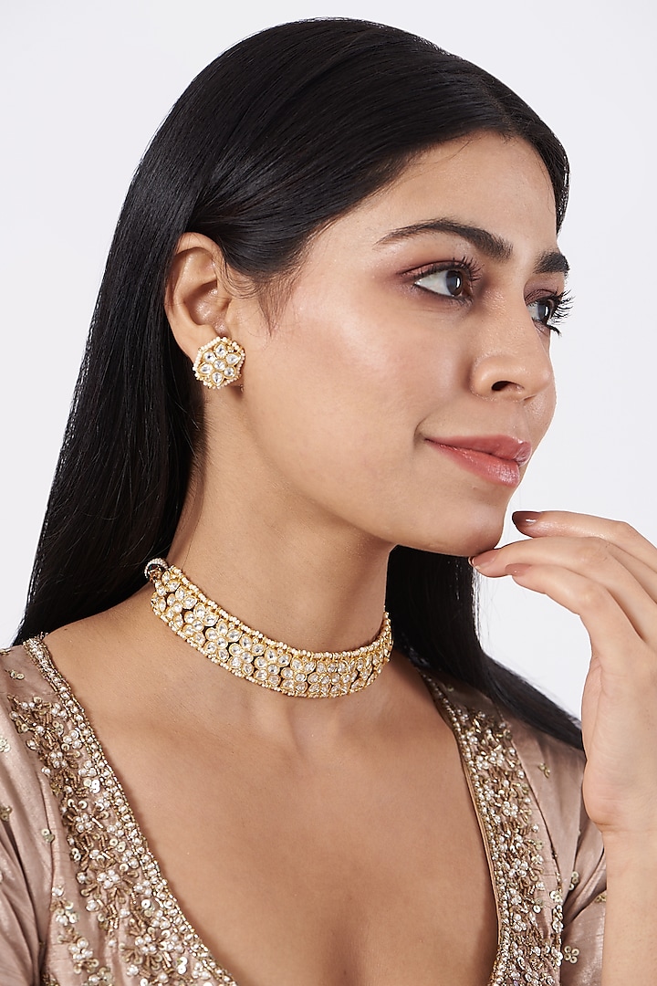 Gold Plated Choker Necklace Set With Kundan Polki by Just Shraddha