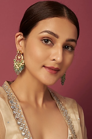 Gold Plated Kundan Polki Chandbali Earrings by Just Shraddha
