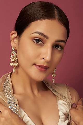 Gold Plated Red Stone & Kundan Polki Earrings by Just Shraddha