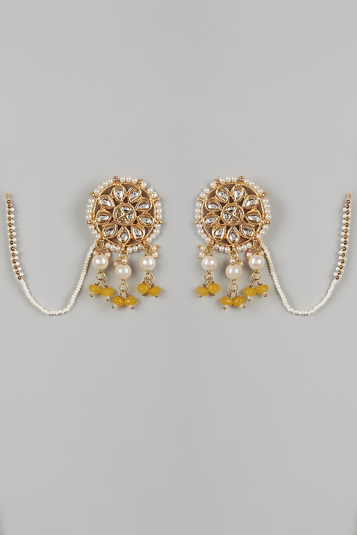 Gold Plated Bead & Kundan Polki Stud Earrings by Just Shraddha at Pernia's Pop Up Shop