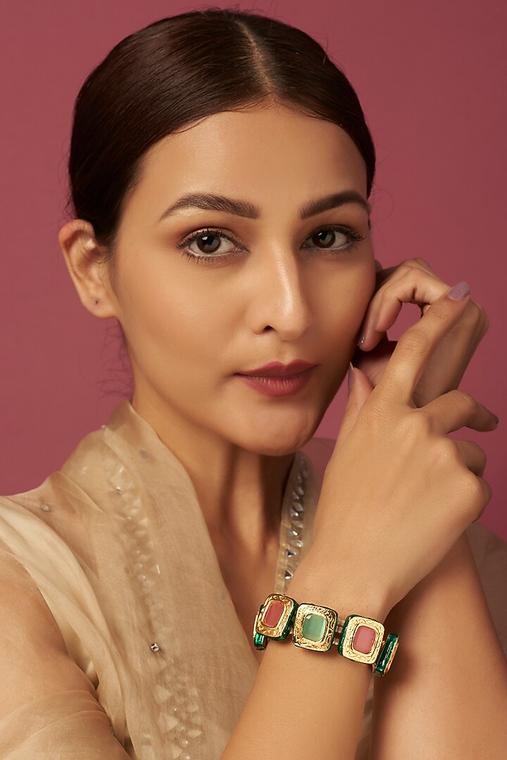 Gold Plated Kundan Polki Meenakari Bracelet by Just Shraddha at Pernia's Pop Up Shop