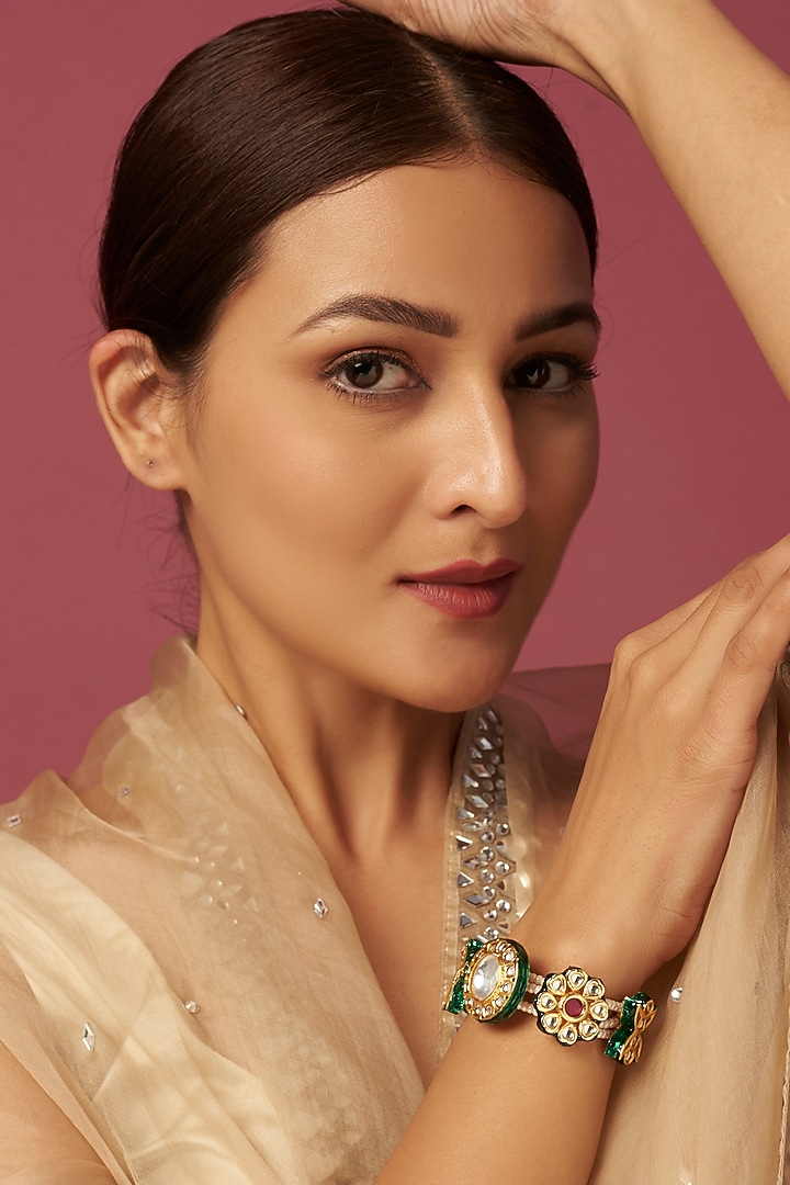 Gold Plated Kundan Polki Meenakari Bracelet by Just Shraddha at Pernia's Pop Up Shop