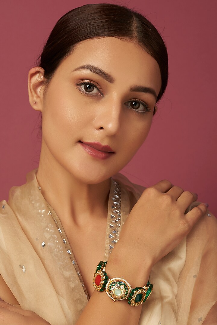 Gold Plated Multi-Coloured Stone & Kundan Polki Bracelet by Just Shraddha at Pernia's Pop Up Shop