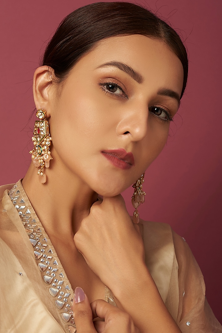 Gold Plated Kundan Polki & Beaded Dangler Earrings by Just Shraddha