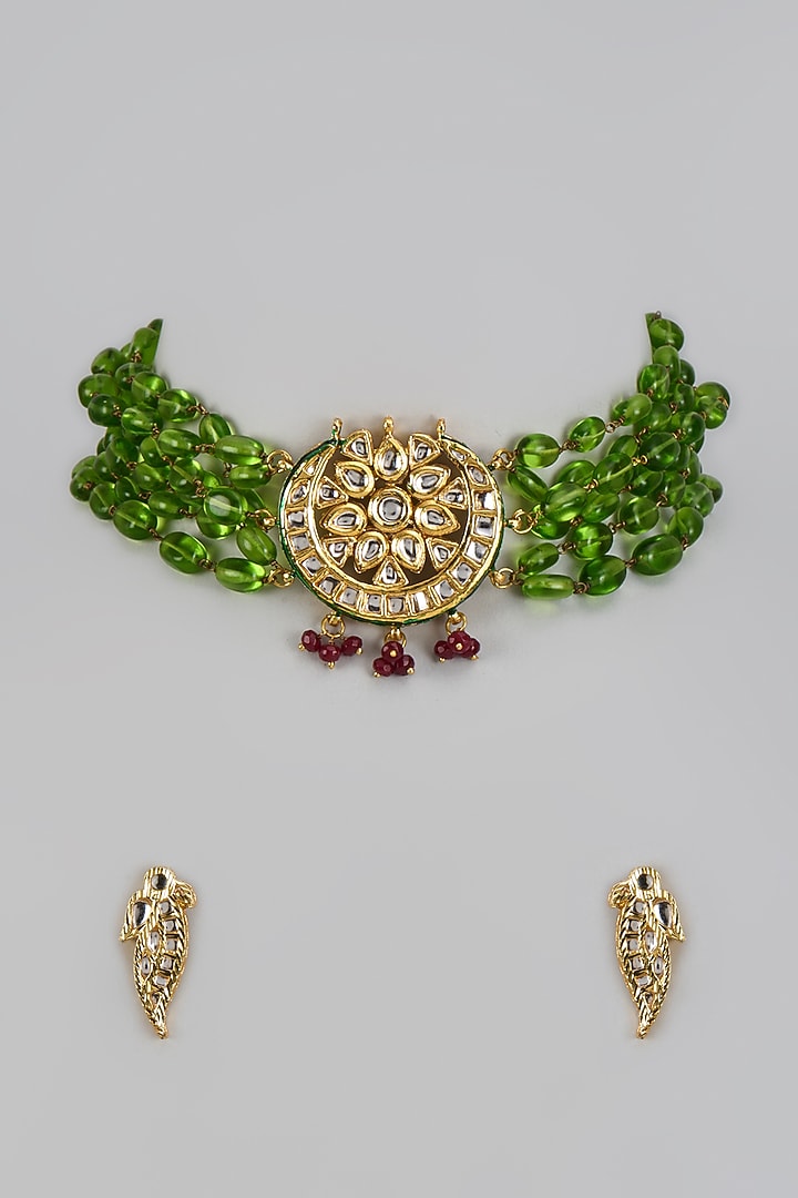 Gold Plated Kundan Polki & Green Stone Choker Necklace Set by Just Shraddha at Pernia's Pop Up Shop