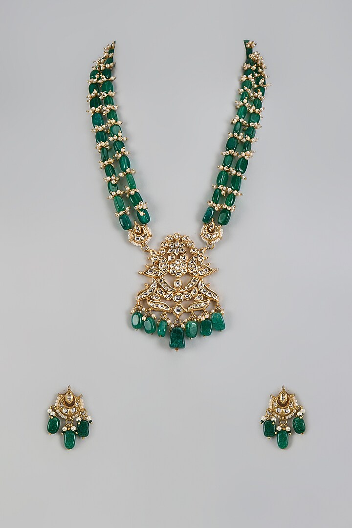 Gold Plated Kundan Polki & Beaded Pendant Necklace Set by Just Shraddha at Pernia's Pop Up Shop