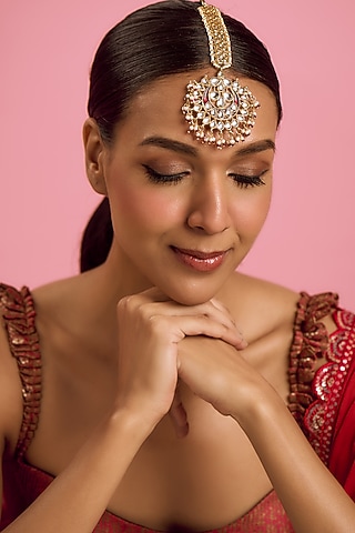 Gold Plated Kundan Polki & Pearl Meenakari Maang Tikka by Just Shraddha