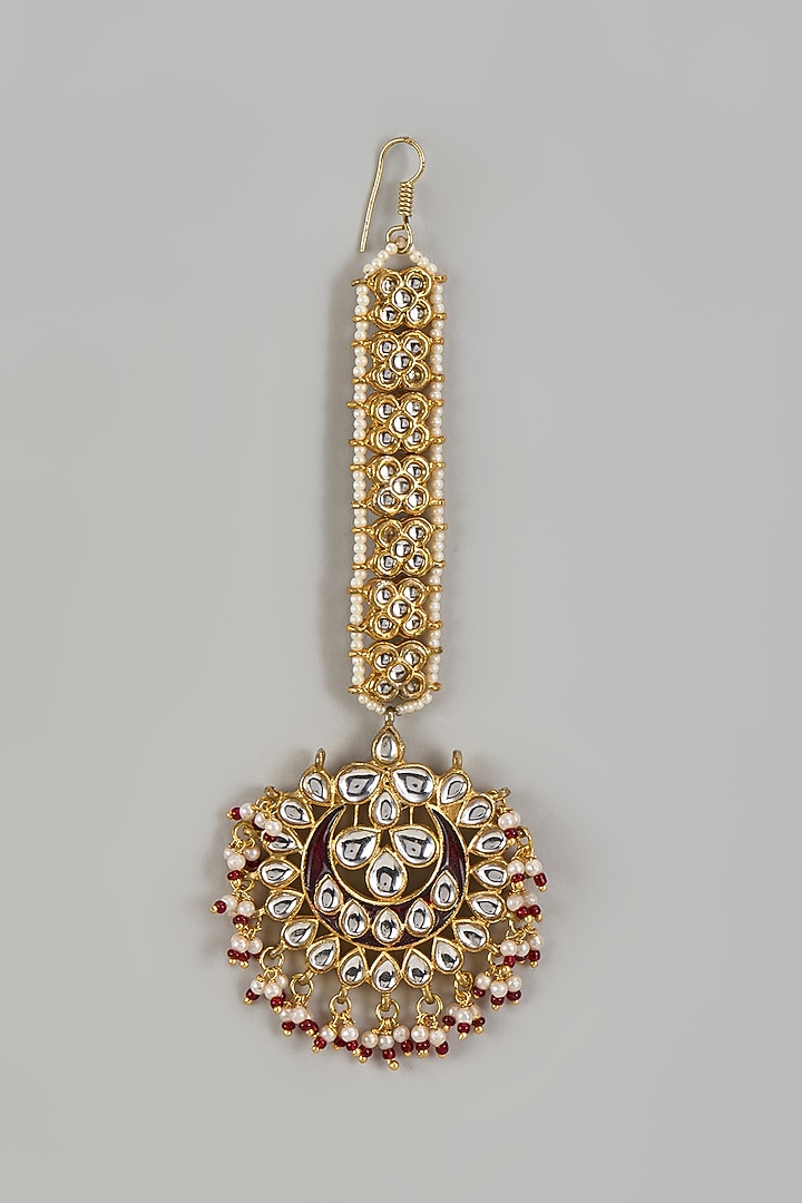 Gold Plated Kundan Polki & Pearl Meenakari Maang Tikka by Just Shraddha at Pernia's Pop Up Shop