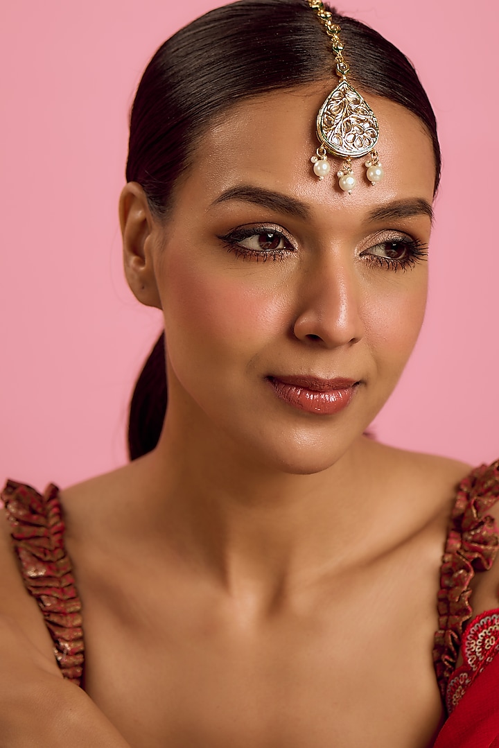 Gold Plated Kundan Polki & Pearl Maang Tikka by Just Shraddha at Pernia's Pop Up Shop