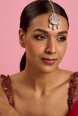 Gold Plated Kundan Polki & Pearl Maang Tikka by Just Shraddha