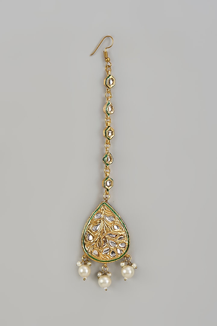 Gold Plated Kundan Polki & Pearl Maang Tikka by Just Shraddha at Pernia's Pop Up Shop