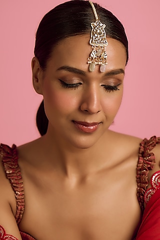 Gold Plated Kundan Polki & Beaded Maangt Tikka by Just Shraddha