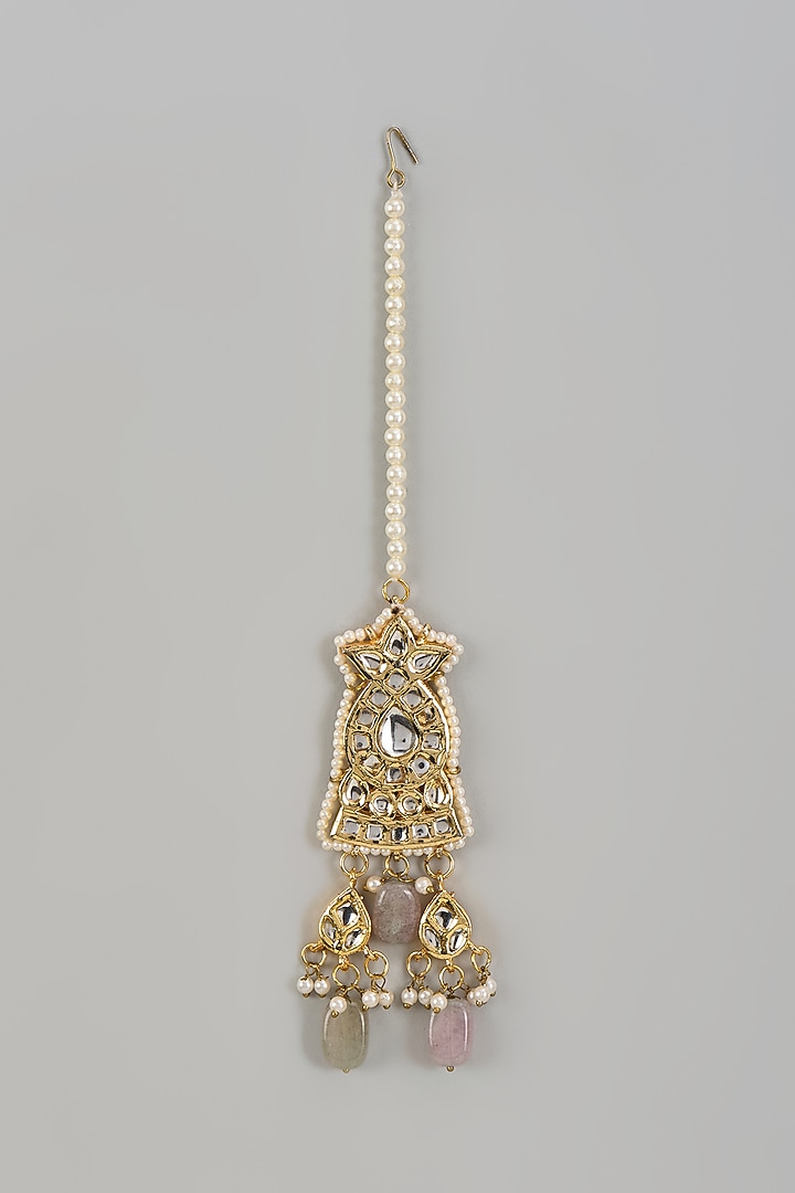 Gold Plated Kundan Polki & Beaded Maangt Tikka by Just Shraddha at Pernia's Pop Up Shop