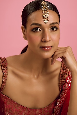 Gold Plated Kundan Polki & Pearl Maang Tikka by Just Shraddha