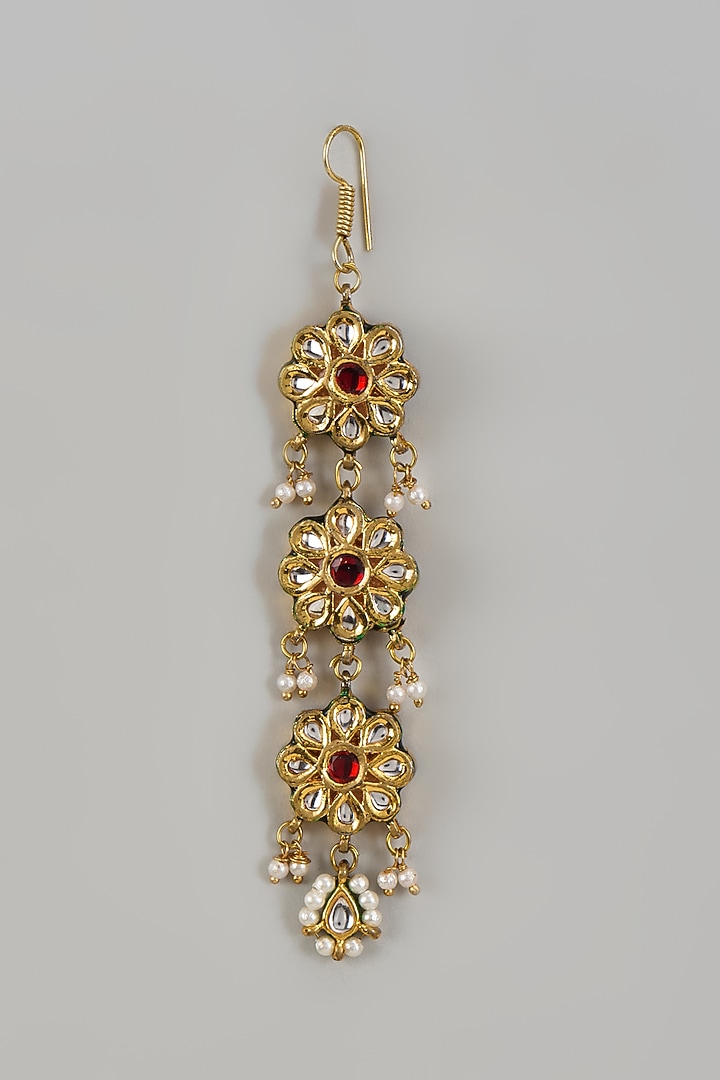 Gold Plated Kundan Polki & Pearl Maang Tikka by Just Shraddha at Pernia's Pop Up Shop