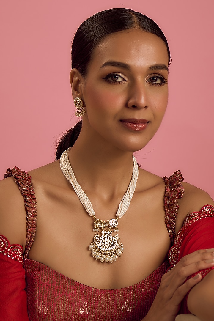 Gold Plated Kundan Polki & Pearl Pendant Necklace Set by Just Shraddha at Pernia's Pop Up Shop