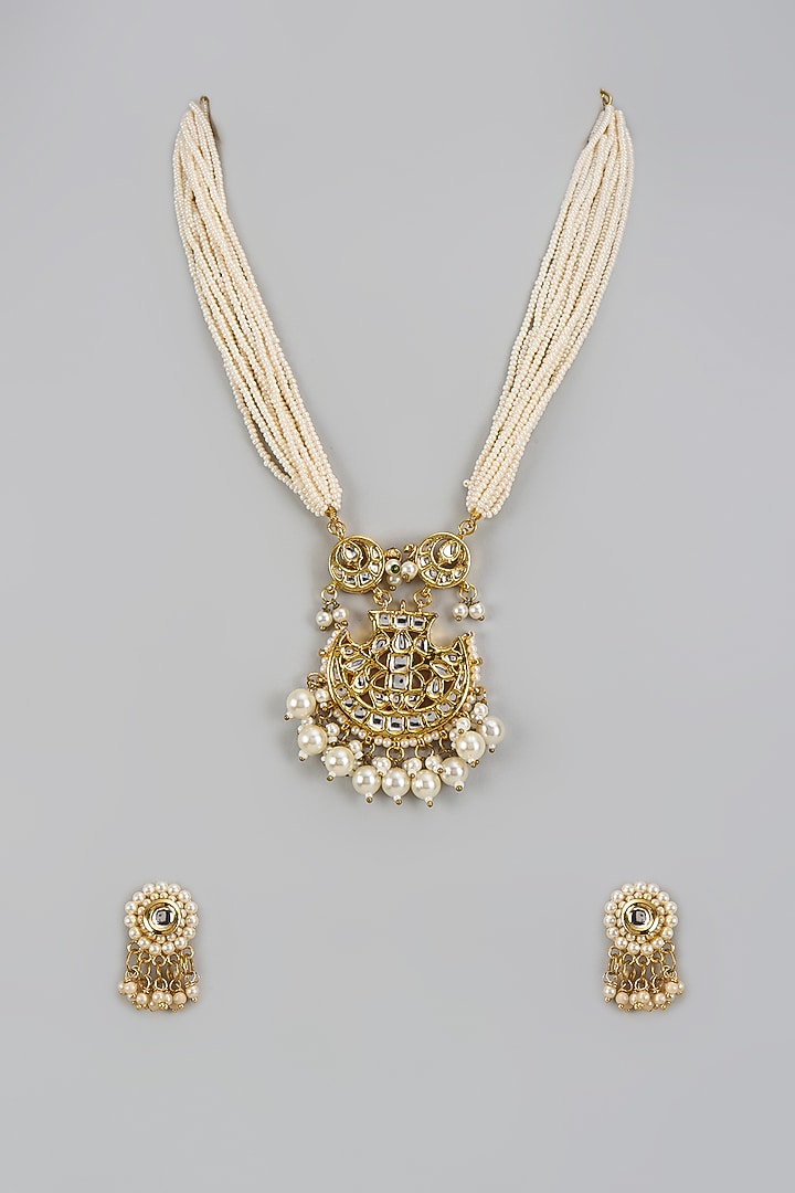 Gold Plated Kundan Polki & Pearl Pendant Necklace Set by Just Shraddha at Pernia's Pop Up Shop