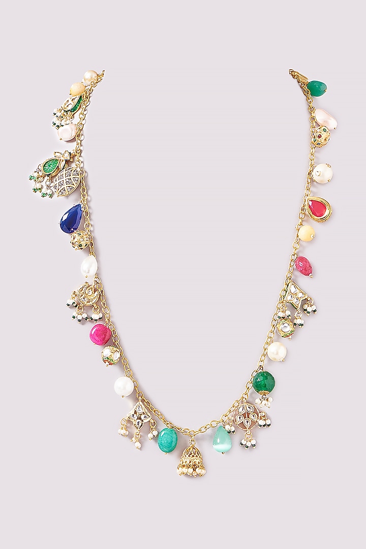 Gold Plated Kundan Polki & Pearl Long Necklace by Just Shraddha at Pernia's Pop Up Shop