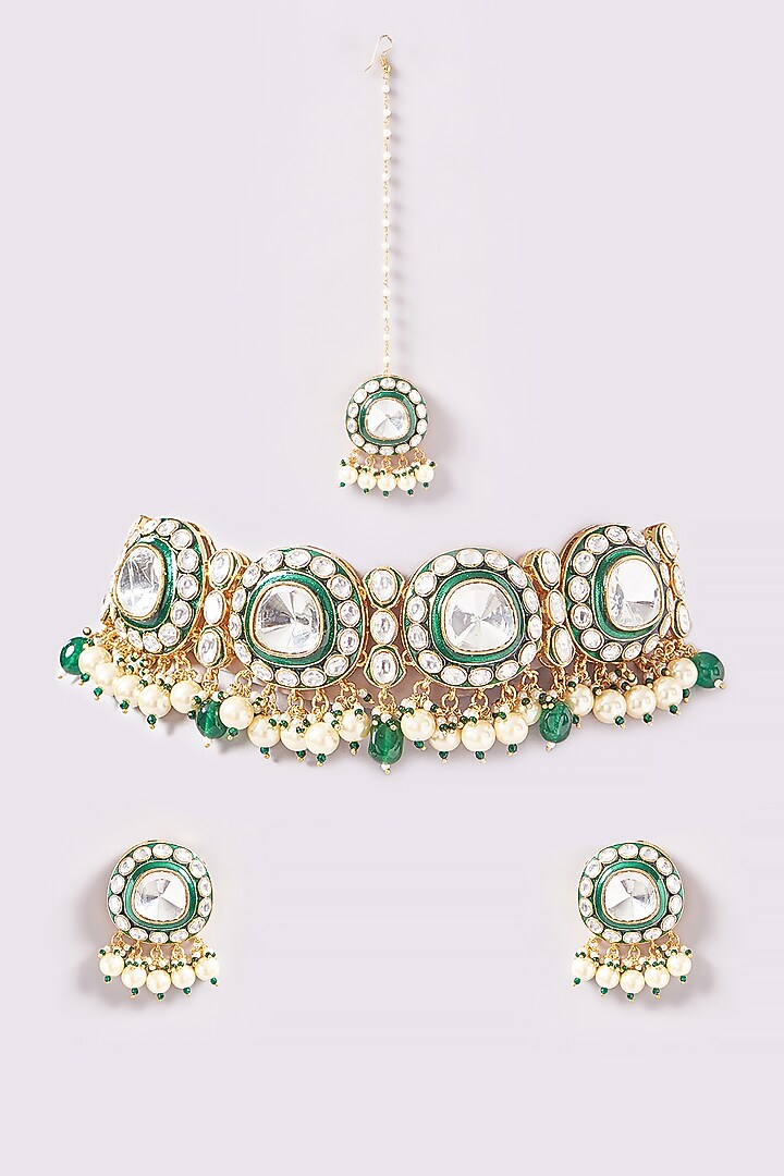 Gold Plated Kundan Polki & Stone Choker Necklace Set by Just Shraddha at Pernia's Pop Up Shop